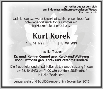 Traueranzeige von Kurt Korek von Mitteldeutsche Zeitung Halle/Saalkreis