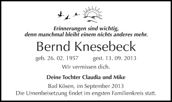 Traueranzeige von Bernd Knesebeck von Mitteldeutsche Zeitung Naumburg/Nebra
