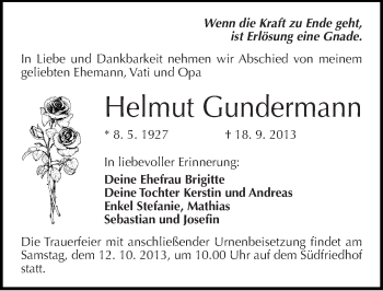 Traueranzeige von Helmut Gundermann von Mitteldeutsche Zeitung Halle/Saalkreis