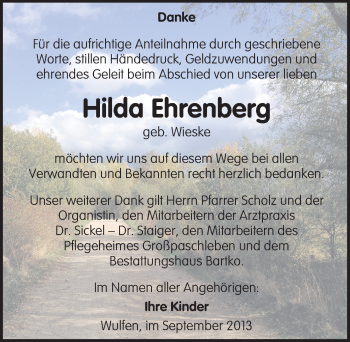 Traueranzeige von Hilda Ehrenberg von Mitteldeutsche Zeitung Köthen