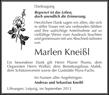 Traueranzeige von Marlen Kneißl von Mitteldeutsche Zeitung Sangerhausen