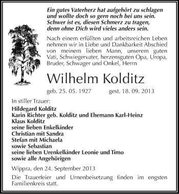 Traueranzeige von Wilhelm Kolditz von Mitteldeutsche Zeitung Mansfelder Land