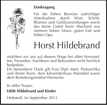 Traueranzeige von Horst Hildebrand von Mitteldeutsche Zeitung Mansfelder Land