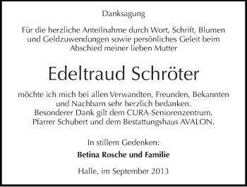 Traueranzeige von Edeltraud Schröter von Mitteldeutsche Zeitung Halle/Saalkreis