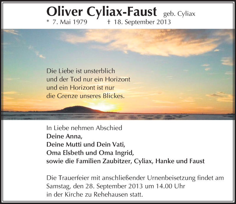  Traueranzeige für Oliver Cyliax-Faust vom 21.09.2013 aus Mitteldeutsche Zeitung Naumburg/Nebra