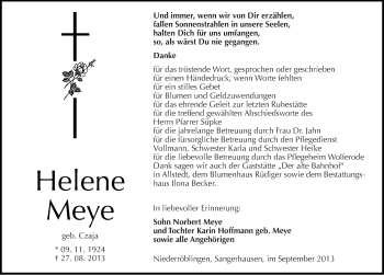 Traueranzeige von Helene Meye von Mitteldeutsche Zeitung Sangerhausen