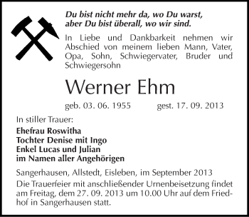 Traueranzeige von Werner Ehm von Mitteldeutsche Zeitung Sangerhausen
