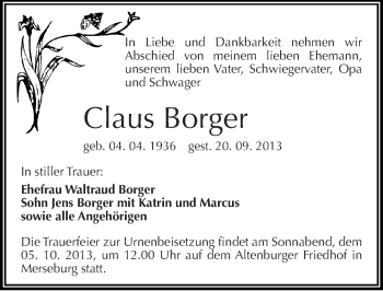 Traueranzeige von Claus Borger von Mitteldeutsche Zeitung Merseburg/Querfurt