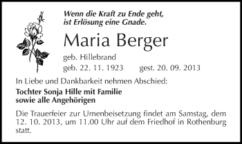 Traueranzeige von Maria Berger von Mitteldeutsche Zeitung Halle/Saalkreis