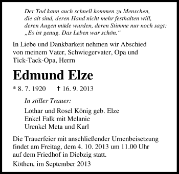 Traueranzeige von Edmund Elze von Mitteldeutsche Zeitung Köthen