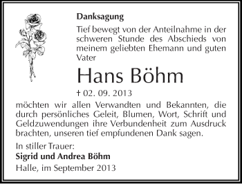 Traueranzeige von Hans Böhm von Mitteldeutsche Zeitung Halle/Saalkreis