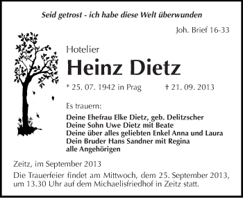 Traueranzeige von Heinz Dietz von Mitteldeutsche Zeitung Zeitz