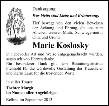 Traueranzeige von Marie Koslosky von Mitteldeutsche Zeitung Sangerhausen