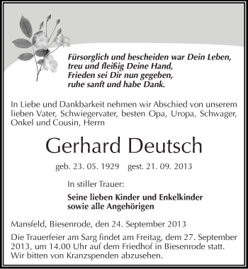 Traueranzeige von Gerhard Deutsch von Mitteldeutsche Zeitung Mansfelder Land