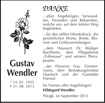 Traueranzeige von Gustav Wendler von Mitteldeutsche Zeitung Köthen