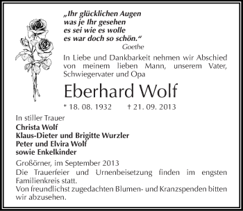 Traueranzeige von Eberhard Wolf von Mitteldeutsche Zeitung Mansfelder Land