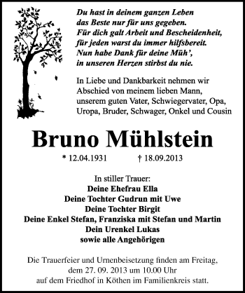 Traueranzeige von Bruno Mühlstein von Mitteldeutsche Zeitung Köthen