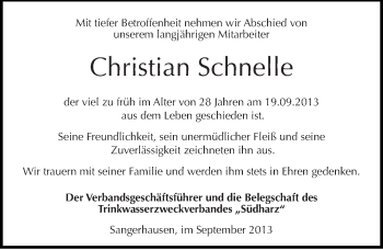 Traueranzeige von Christian Schnelle von Mitteldeutsche Zeitung Sangerhausen