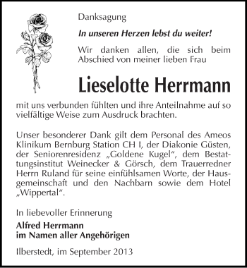 Traueranzeige von Lieselotte Herrmann von Mitteldeutsche Zeitung Bernburg