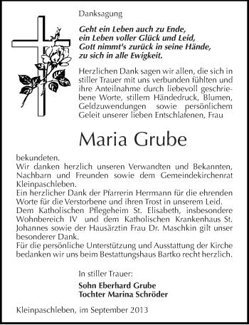Traueranzeige von Maria Grube von Mitteldeutsche Zeitung Köthen