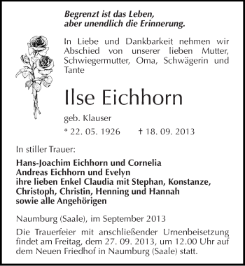 Traueranzeige von Ilse Eichhorn von Mitteldeutsche Zeitung Naumburg/Nebra