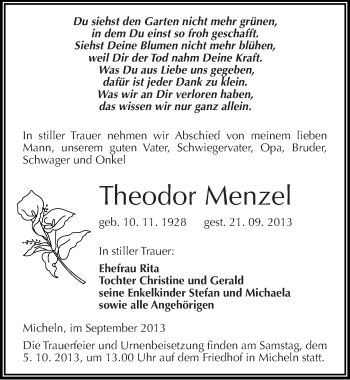 Traueranzeige von Theodor Menzel von Mitteldeutsche Zeitung Köthen