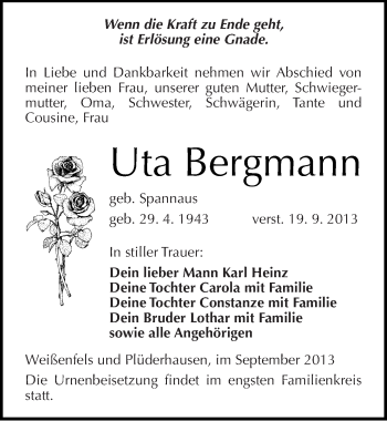 Traueranzeige von Uta Bergmann von Mitteldeutsche Zeitung Weißenfels