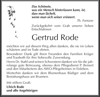 Traueranzeige von Gertrud Rode von Mitteldeutsche Zeitung Mansfelder Land