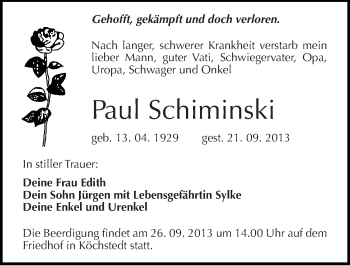 Traueranzeige von Paul Schiminski von Mitteldeutsche Zeitung Halle/Saalkreis
