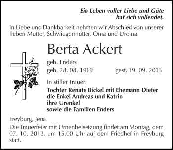 Traueranzeige von Berta Ackert von Mitteldeutsche Zeitung Naumburg/Nebra
