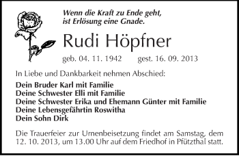 Traueranzeige von Rudi Höpfner von Mitteldeutsche Zeitung Halle/Saalkreis