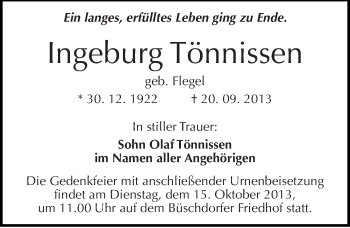 Traueranzeige von Ingeburg Tönnissen von Mitteldeutsche Zeitung Halle/Saalkreis