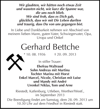 Traueranzeige von Gerhard Bettche von Mitteldeutsche Zeitung Sangerhausen