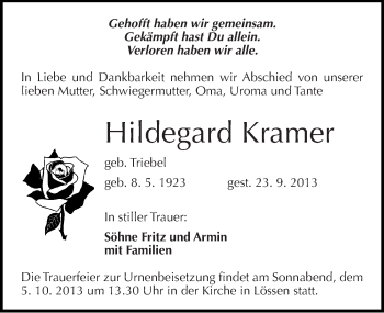 Traueranzeige von Hildegard Kramer von Mitteldeutsche Zeitung Merseburg/Querfurt