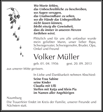 Traueranzeige von Volker Müller von Mitteldeutsche Zeitung Naumburg/Nebra