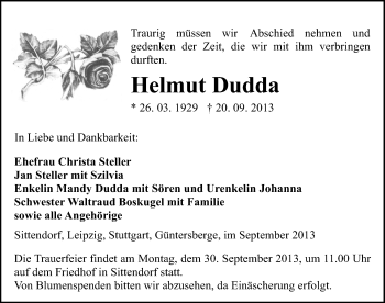 Traueranzeige von Helmut Dudda von Mitteldeutsche Zeitung Sangerhausen
