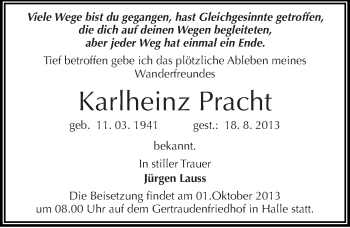 Traueranzeige von Karlheinz Pracht von Mitteldeutsche Zeitung Köthen