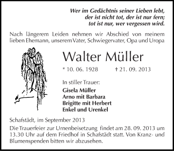 Traueranzeige von Walter Müller von Mitteldeutsche Zeitung Merseburg/Querfurt