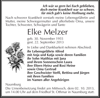 Traueranzeige von Elke Melzer von Mitteldeutsche Zeitung Naumburg/Nebra