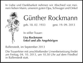 Traueranzeige von Günther Rockmann von Mitteldeutsche Zeitung Quedlinburg
