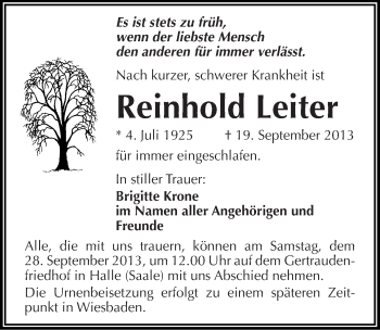 Traueranzeige von Reinhold Leiter von Mitteldeutsche Zeitung Halle/Saalkreis