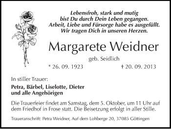 Traueranzeige von Margarete Weidner von Mitteldeutsche Zeitung Aschersleben