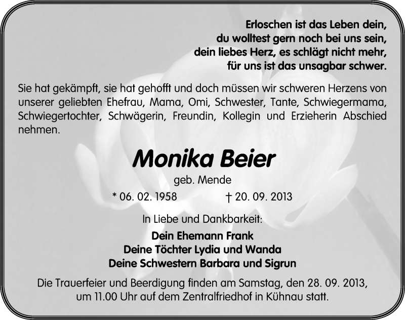  Traueranzeige für Monika Beier vom 25.09.2013 aus Mitteldeutsche Zeitung Dessau-Roßlau