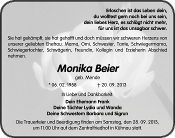 Traueranzeige von Monika Beier von Mitteldeutsche Zeitung Dessau-Roßlau