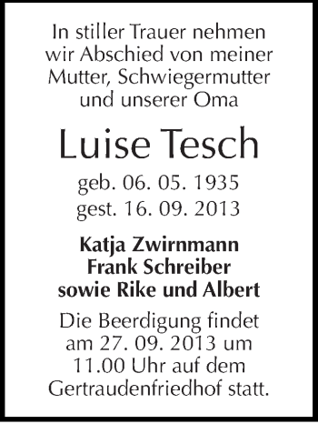 Traueranzeige von Luise Tesch von Mitteldeutsche Zeitung Halle/Saalkreis