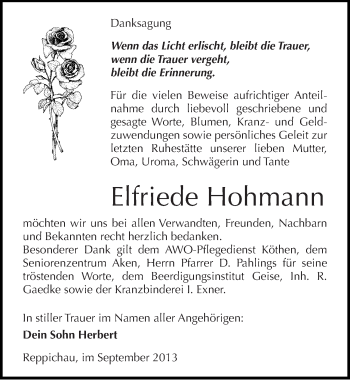 Traueranzeige von Elfriede Hohmann von Mitteldeutsche Zeitung Köthen