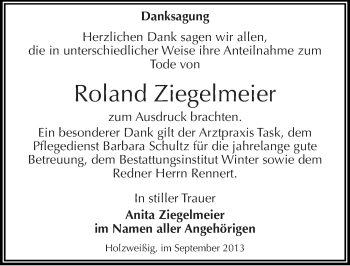 Traueranzeige von Roland Ziegelmeier von Mitteldeutsche Zeitung Bitterfeld