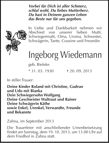 Traueranzeige von Ingeborg Wiedemann von Mitteldeutsche Zeitung Wittenberg
