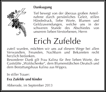 Traueranzeige von Erich Zufelde von Mitteldeutsche Zeitung Aschersleben