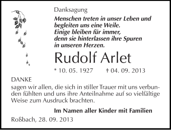 Traueranzeige von Rudolf Arlet von Mitteldeutsche Zeitung Merseburg/Querfurt